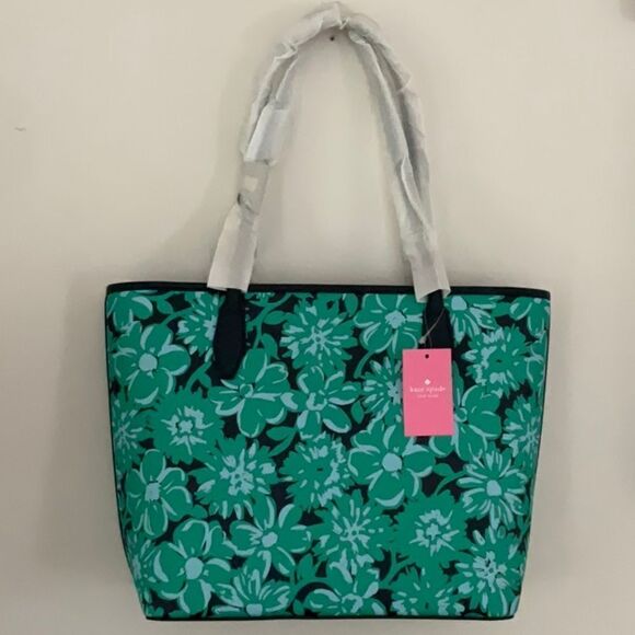 KATE SPADE NWT TRI COLOR FLORAL GREEN BLUE TOTE SHOULDER BAG - Picture 5 of 8
